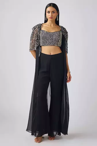 Black printed georgette cape set