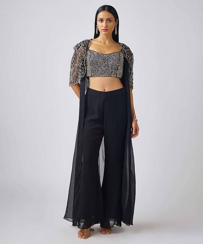 Black printed georgette cape set