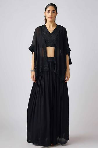 Black printed georgette cape set