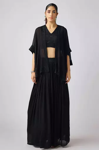 Black printed georgette cape set