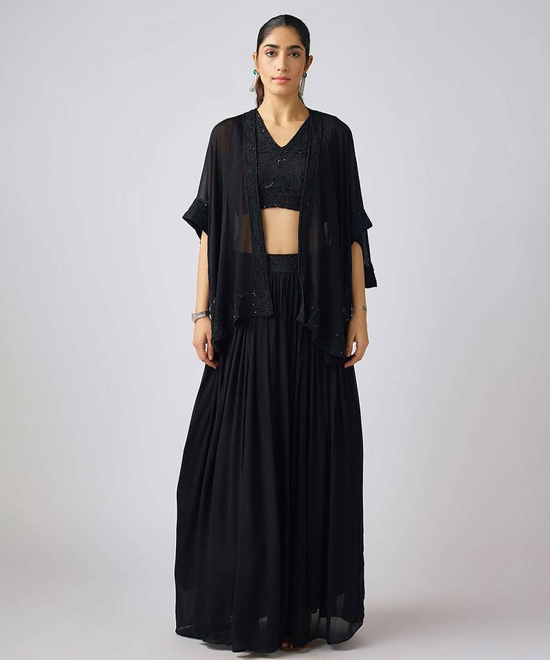 Black printed georgette cape set