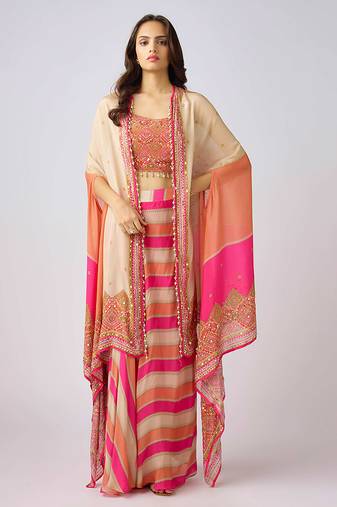 Pink printed chinon cape set
