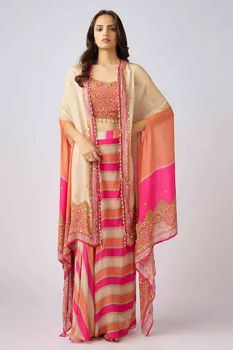 Pink printed chinon cape set