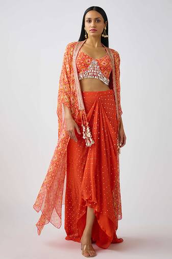 Orange embroidered georgette cape set