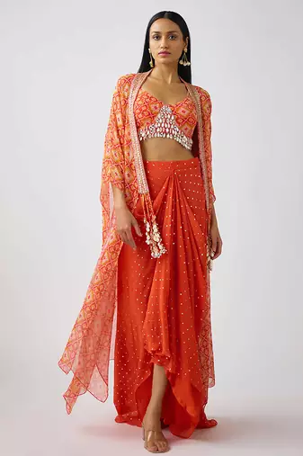 Orange embroidered georgette cape set