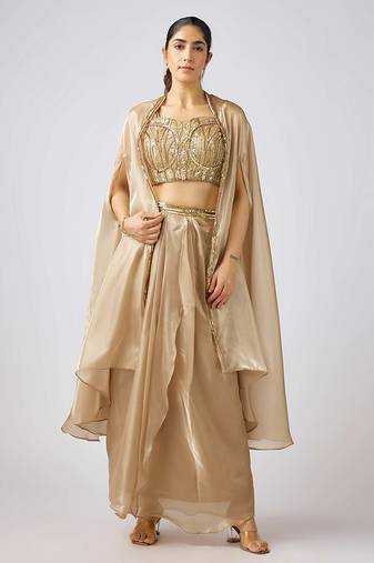 Gold plain georgette cape set
