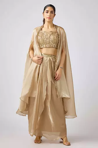 Gold plain georgette cape set
