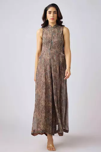 Beige printed georgette jumpsuit