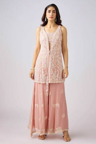 Peach embroidered georgette cape set