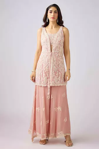 Peach embroidered georgette cape set