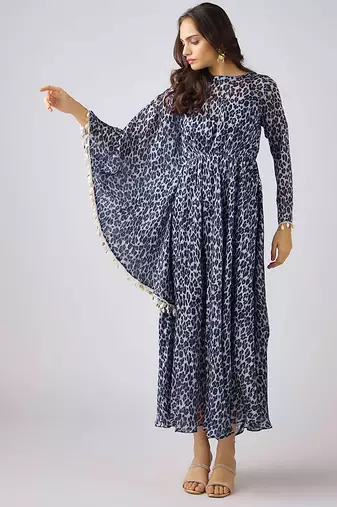 Black printed crepe dress