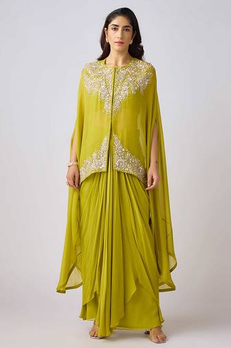 Lime embroidered georgette cape set