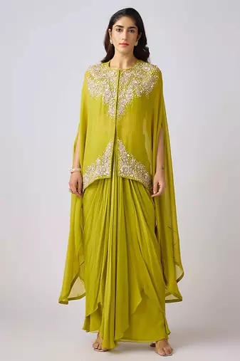 Lime embroidered georgette cape set