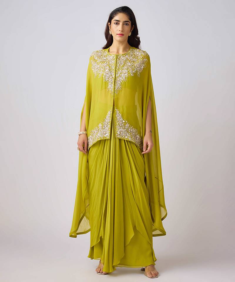 Lime embroidered georgette cape set