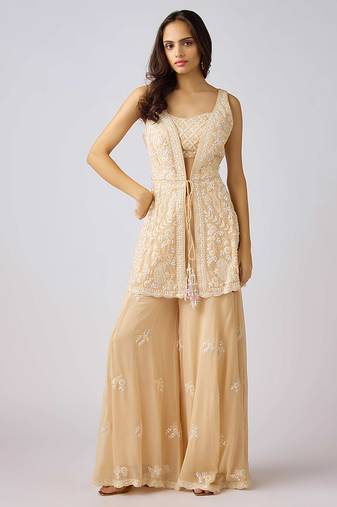 Gold embroidered georgette cape set
