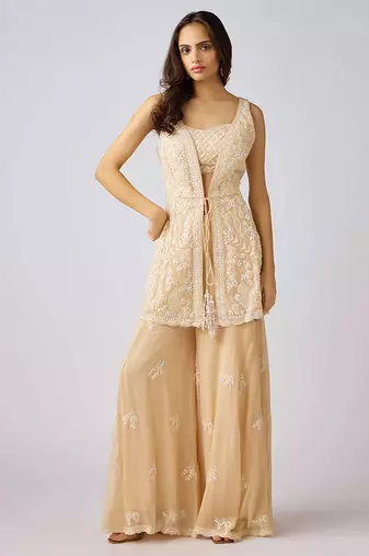 Gold embroidered georgette cape set