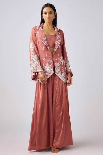 Pink embroidered georgette cape set