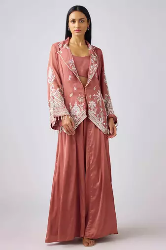 Pink embroidered georgette cape set