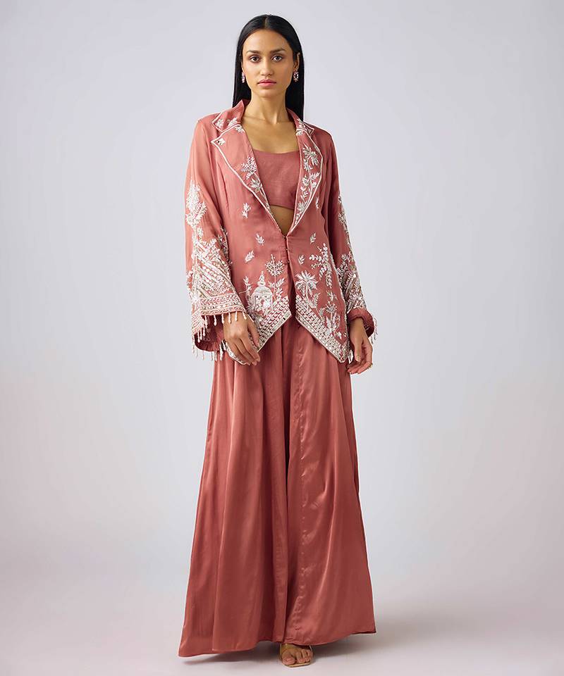 Pink embroidered georgette cape set