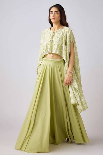 Green printed cotton cape set