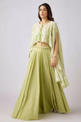 Green printed cotton cape set