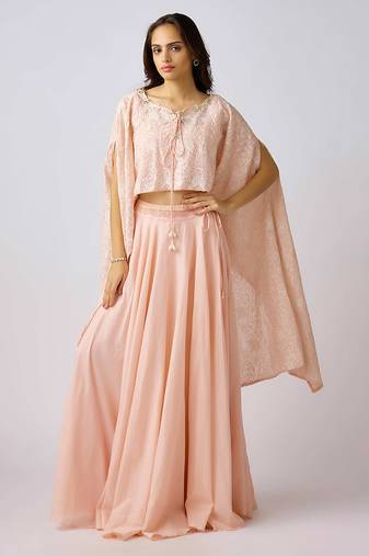 Pink embroidered cotton cape set