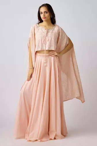 Pink embroidered cotton cape set