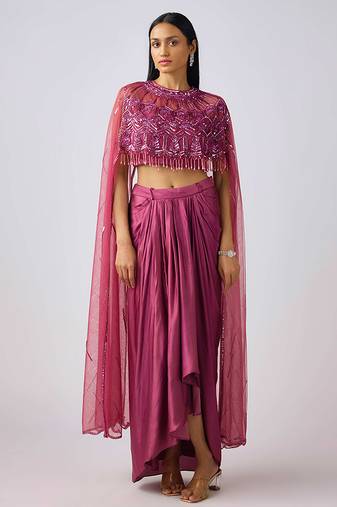 Lilac embroidered chinon cape set