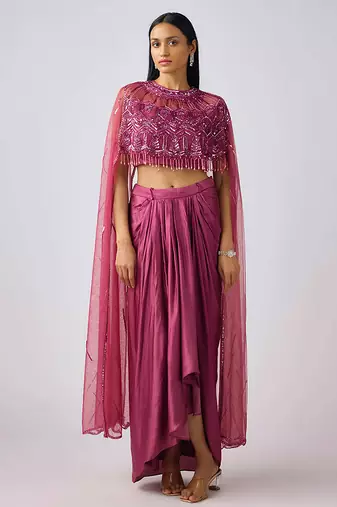 Lilac embroidered chinon cape set