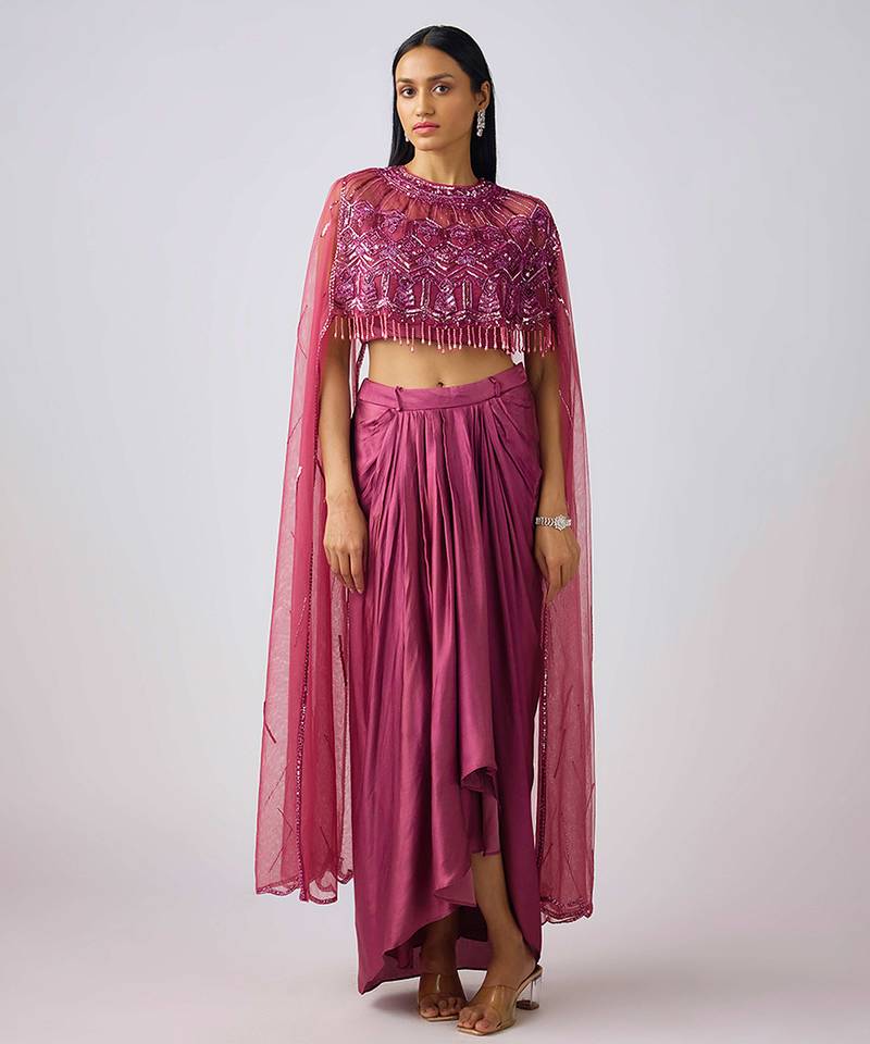 Lilac embroidered chinon cape set