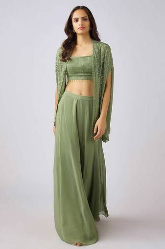 Green embroidered georgette cape set