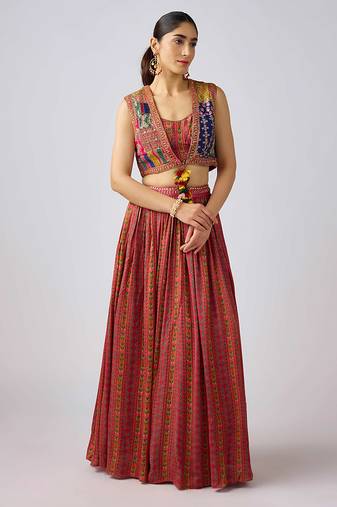 Brown embroidered satin cape set