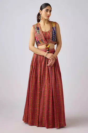 Brown embroidered satin cape set
