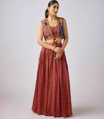 Brown embroidered satin cape set
