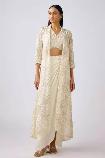 Ivory embroidered chinon cape set