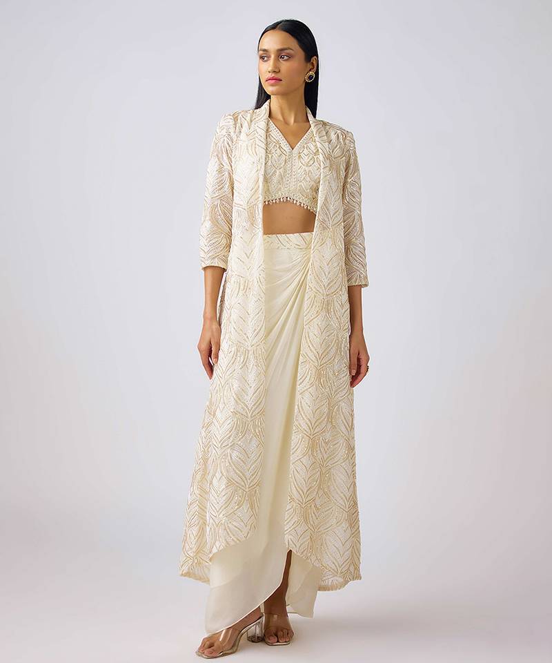 Ivory embroidered chinon cape set
