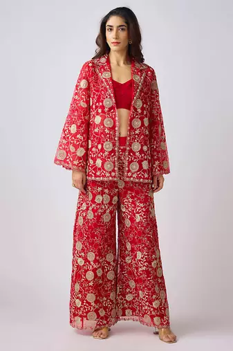 Red printed net co ord set
