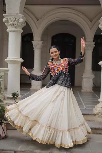 Black Georgette Kutchi Gamthi Work Peplum Blouse With Cotton Flared Lehenga