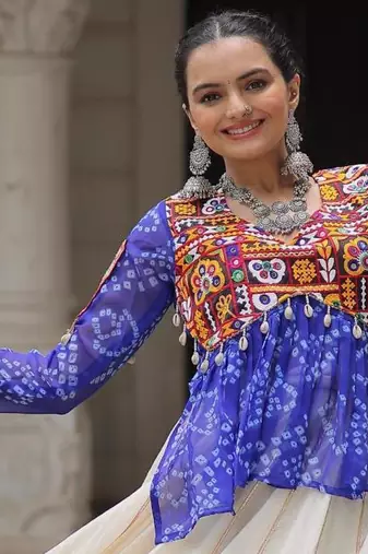 Blue Georgette Kutchi Gamthi Work Peplum Blouse With Cotton Flared Lehenga