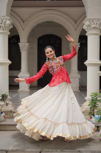 Red Georgette Kutchi Gamthi Work Peplum Blouse With Cotton Flared Lehenga