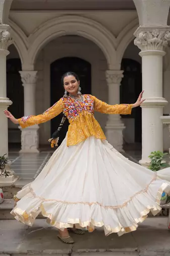 Yellow Georgette Kutchi Gamthi Work Peplum Blouse With Cotton Flared Lehenga