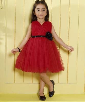 Red pleated bodice applique net wogen party frock 1