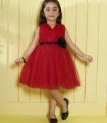 Red pleated bodice applique net wogen party frock