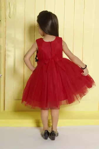 Red pleated bodice applique net wogen party frock