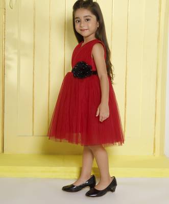 Red pleated bodice applique net wogen party frock 3