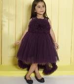 Wine gathered bodice high low net woven party frock