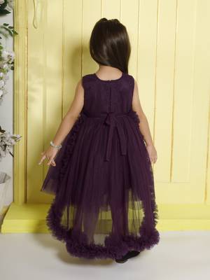 Wine gathered bodice high low net woven party frock 2