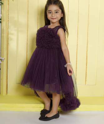 Wine gathered bodice high low net woven party frock 3