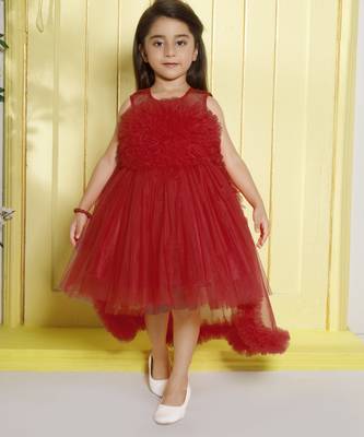 Red gathered bodice high low net woven party frock 1