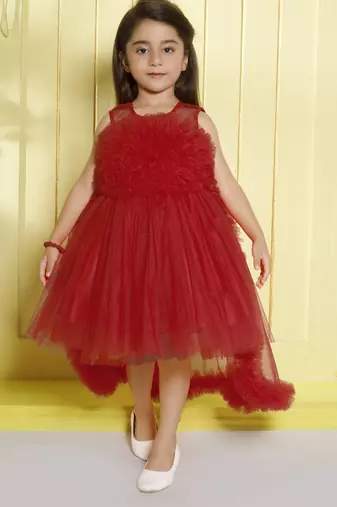 Red gathered bodice high low net woven party frock